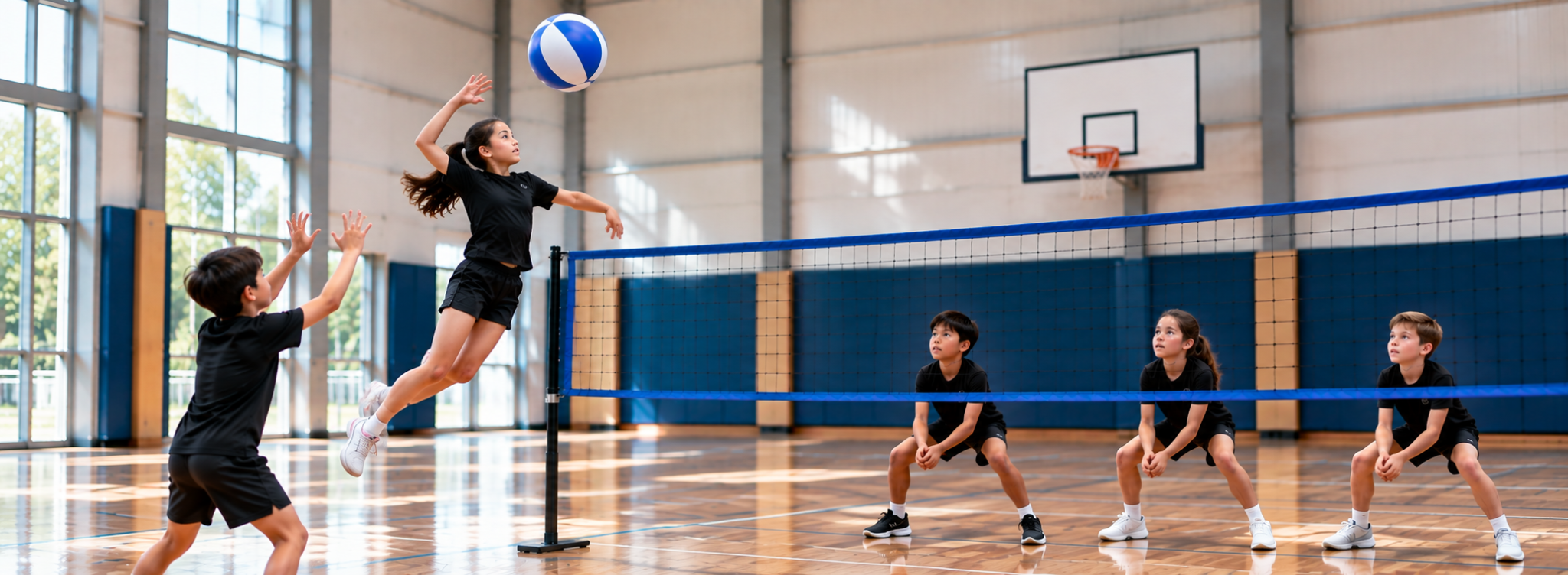 Students playing RallyBall over a low net inside a school gym